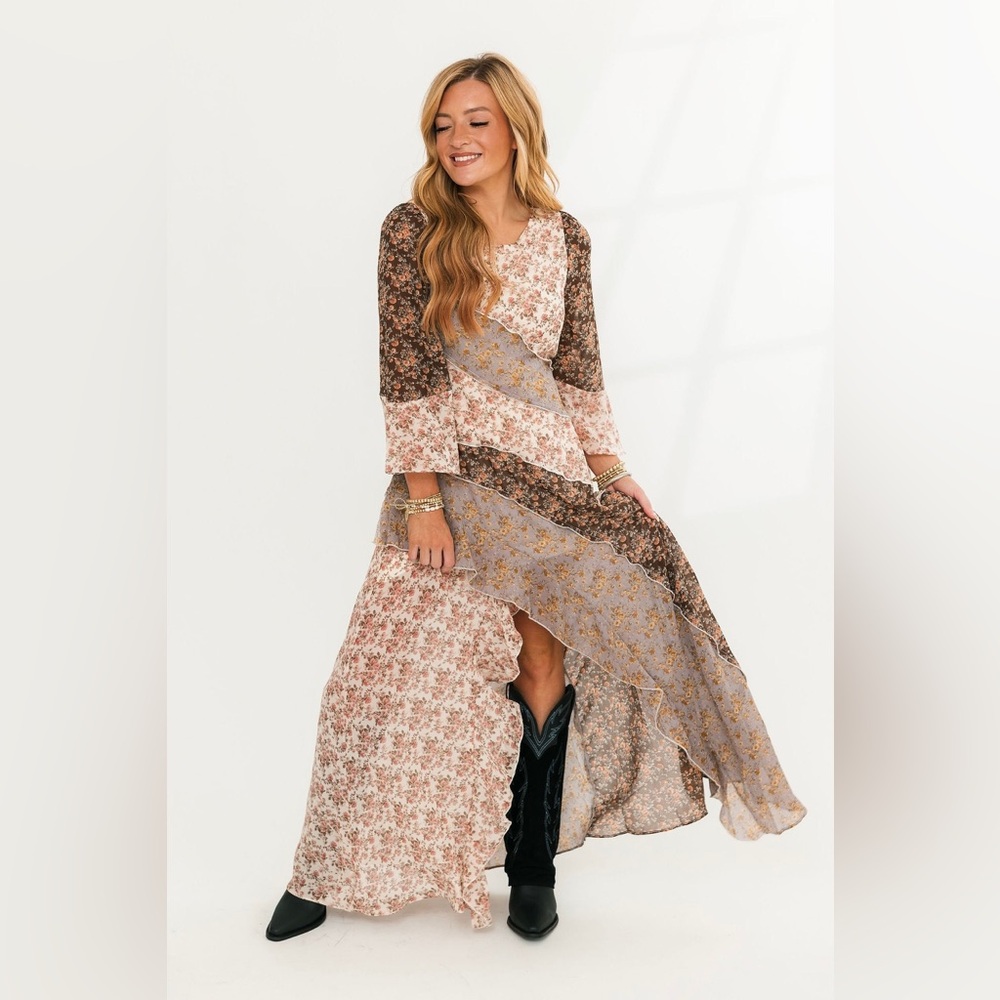 Boho Patchwork Maxi Dress – Mixed Floral Print, Ruffle Hem, Long Sleeve High-Low